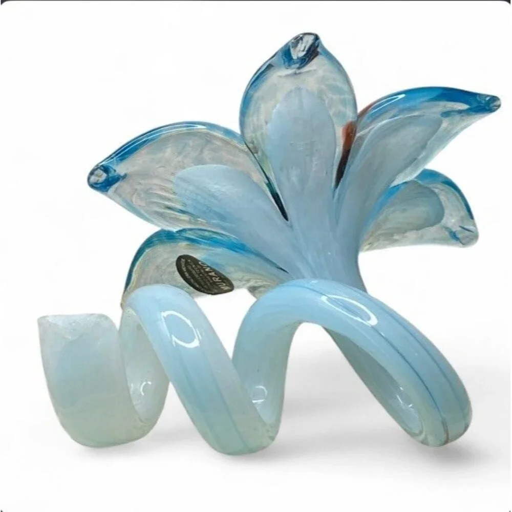 Murano Glass Hand Blown Blue Flower Twisted Stem 4” Italy Art Lily Floral